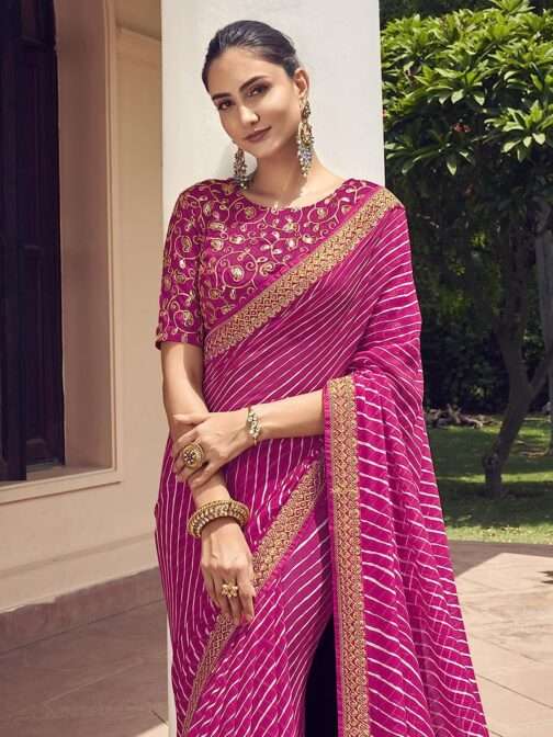 Women's Leheriya Printed & Lace Georgette Saree