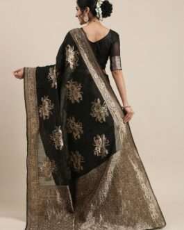 Handmade Black Floral Linen Blend Banarasi Saree