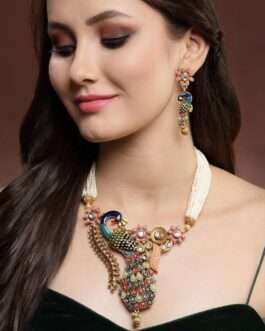 Gold-Plated Peacock Meenakari Necklace & Earrings Set