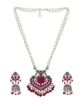 Silver-Plated Stone-Studded Necklace & Earrings